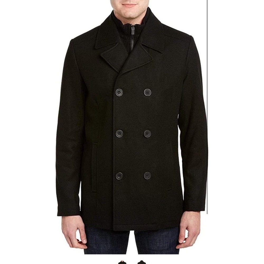 Kenneth Cole Men's Black Wool Blend Double Breasted Classic Peacoat‎ Size XL